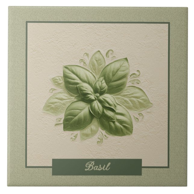 Green Basil Herb Kitchen Faux Relief Tile (Front)