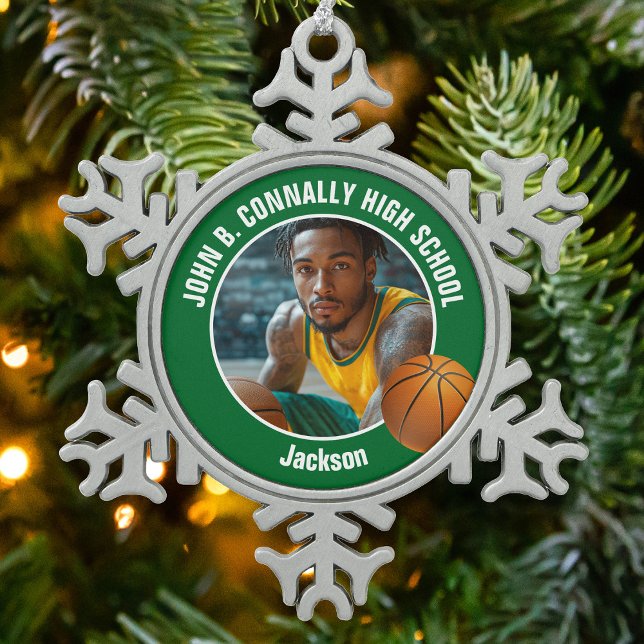 Green Basketball Player Photo Keepsake Gift Snowflake Pewter Christmas Ornament (Creator Uploaded)