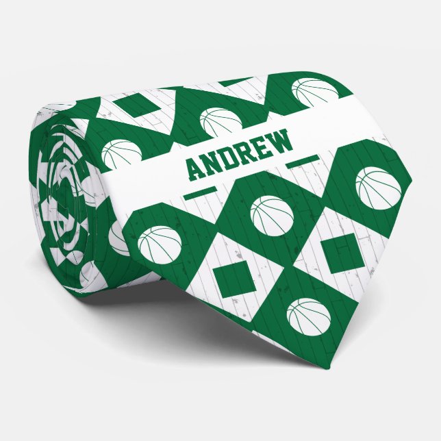 Green Basketball Wood Floor Argyle Pattern Tie (Rolled)