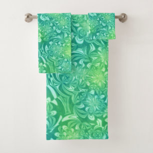 green batik flowers bath towel set