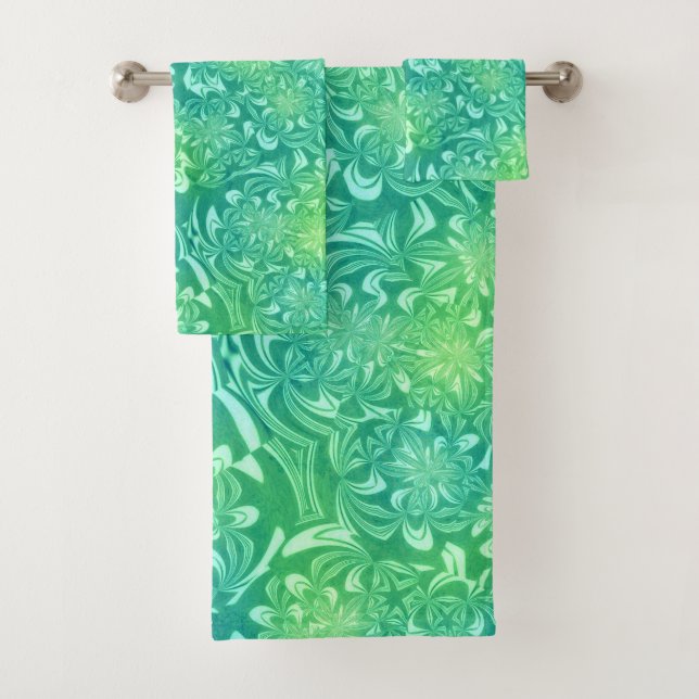 green batik flowers bath towel set (Insitu)