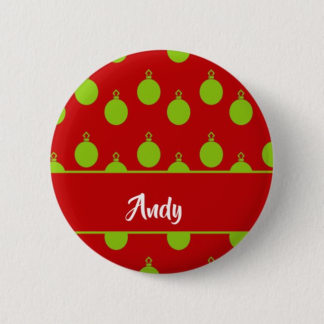 Green bauble silhouette on red 6 cm round badge (Front)