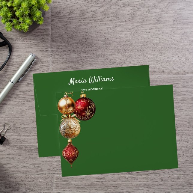 Green baubles gold red return address Christmas Envelope (Creator Uploaded)