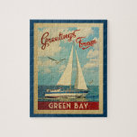 Green Bay Sailboat Vintage Travel Wisconsin Jigsaw Puzzle<br><div class="desc">This Greetings From Green Bay Wisconsin vintage travel nautical design features a boat sailing on the water with seagulls and a blue sky filled with gorgeous puffy white clouds.</div>