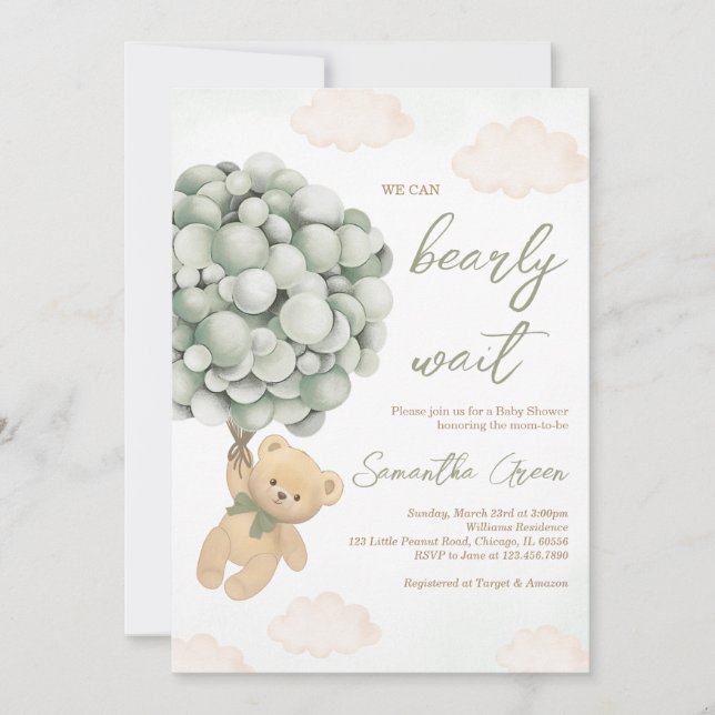 Green Bear Balloon Baby Shower Invitation (Front)