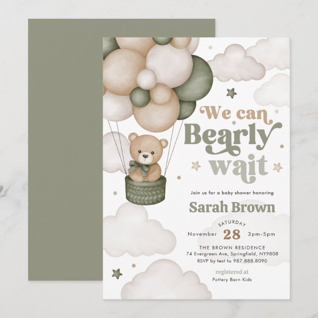 Green Bear Balloon Baby Shower Invitation (Front/Back)