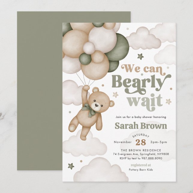Green Bear Balloon Baby Shower Invitation (Front/Back)