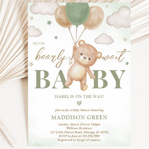 Green Bear Balloon Baby Shower Invitation