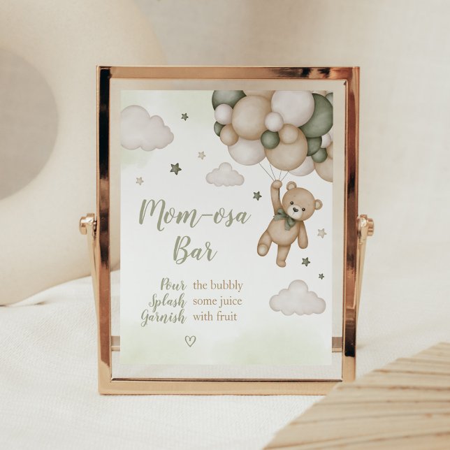 Green Bear Balloon Baby Shower Mum Osa Bar Poster (Boho Bear Baby Shower Mom Osa Bar Sign)