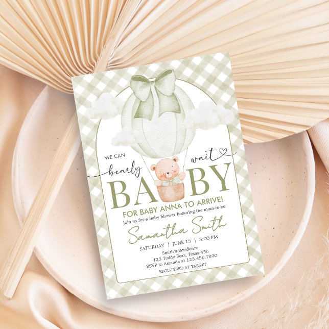 Green Bear Bearly Wait Baby Shower Invitation (Sage Green Bear Hot Air Balloon Baby Shower Invitation)