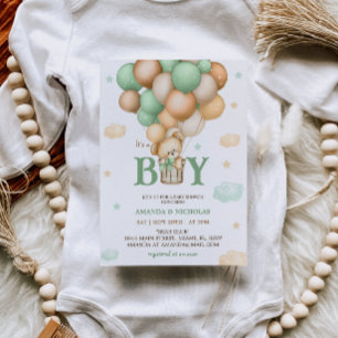 Green Bear Hot Air Balloon Baby Boy Shower Invitation