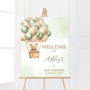 Green Bear Hot Air Balloon Baby Shower Welcome Poster