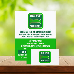 Green Bed Logo, Hostel Accommodation Advertising Flyer