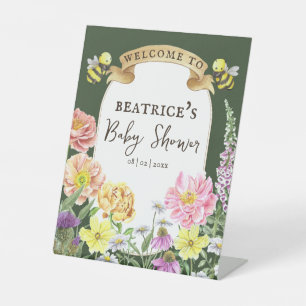 Green Bee and Wildflower Baby Shower Welcome Pedestal Sign