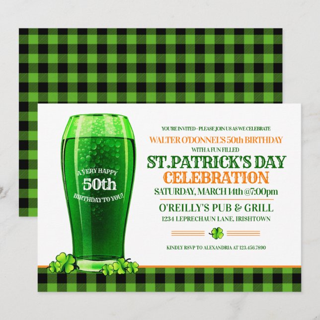 Green Beer St. Patricks Day Adult Birthday Party Invitation (Front/Back)
