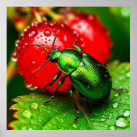 Green Beetle on Leaf Next to Dew-Covered Red Berry