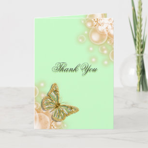 Green beige butterfly wedding thank you card