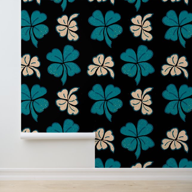 Green Beige Clover Shamrock Hand Drawn Pattern Wallpaper (Application)