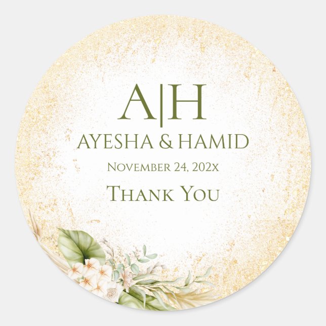 Green & Beige Floral Islamic/Muslim Wedding couple Classic Round Sticker (Front)