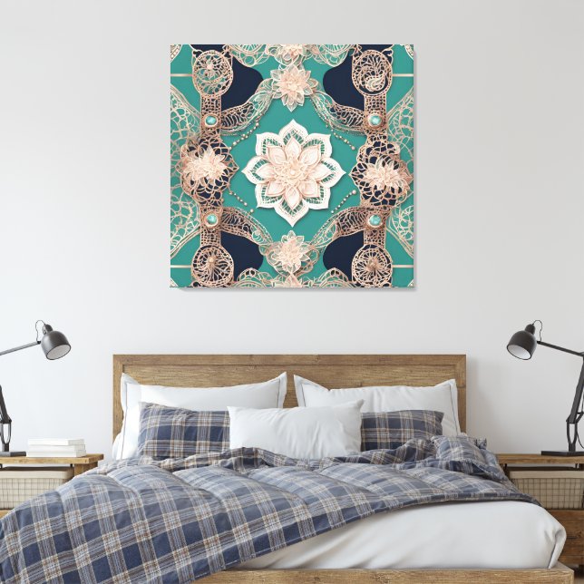 Green & beige floral patterns canvas print (Insitu(Bedroom))