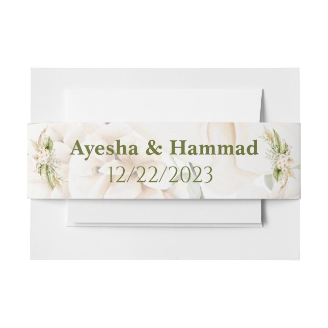 Green & Beige Floral Wedding Invitation Belly Band (Front Example)