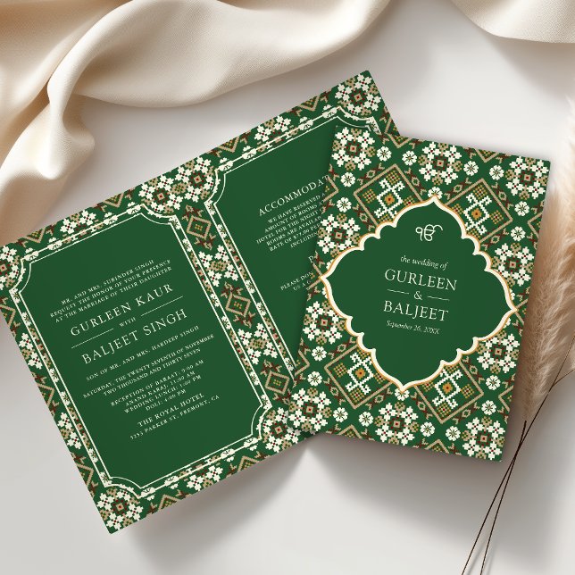 Green Beige Ikat Geometric All in One Sikh Wedding Invitation (Creator Uploaded)