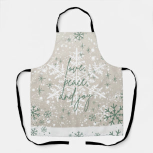 Green Beige Snowflakes Love Peace Joy Holiday Apron