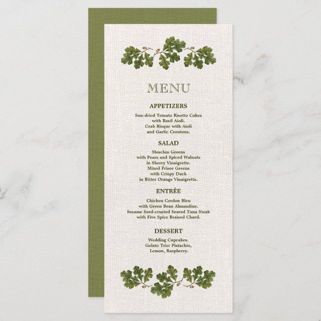 Green Beige Vintage Oak Leaves Wedding Menu Cards (Front/Back)