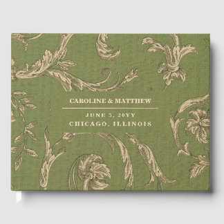 Green Beige Vintage Pattern Burlap Texture Wedding Guest Book