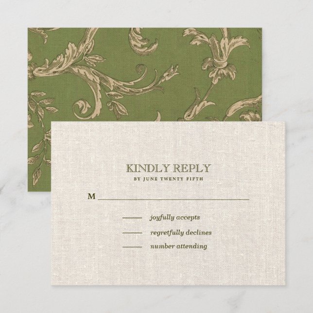 Green Beige Vintage Pattern Wedding RSVP Card (Front/Back)