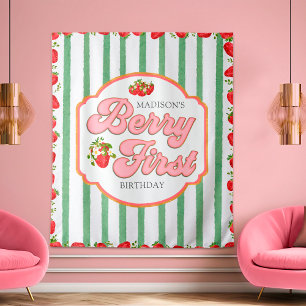 Green Berry First Strawberry Birthday Backdrop Tapestry