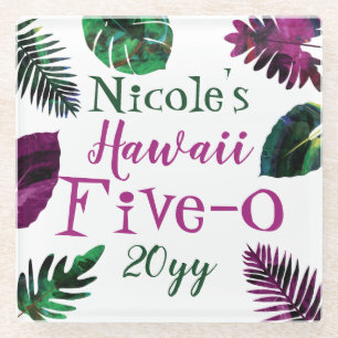 Green, Berry Pink Leaves Hawaii 5-0 50th Birthday Glass Coaster