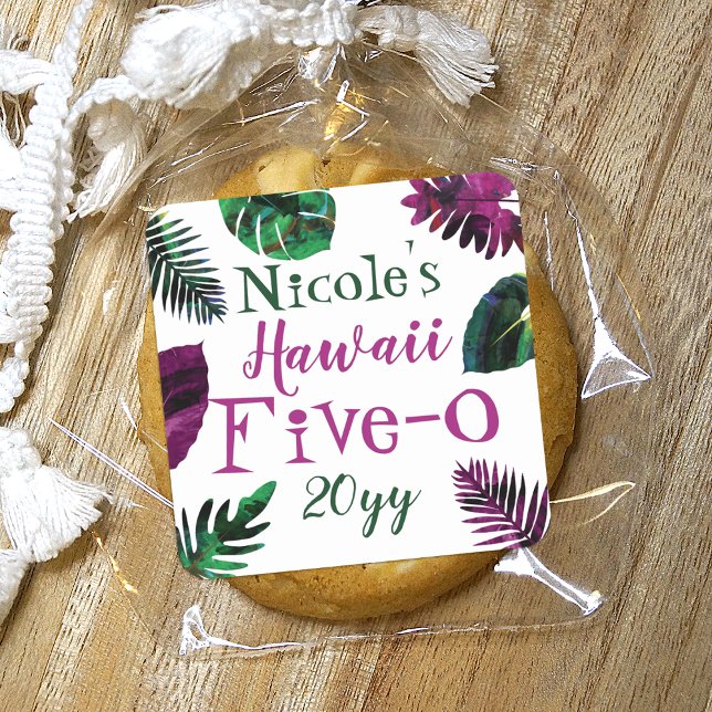 Green, Berry Pink Leaves Hawaii 5-0 50th Birthday Square Sticker (Green, berry pink tropical Hawaiian monstera leaves, 50th birthday, Hawaii 5-0 party favor sticker)