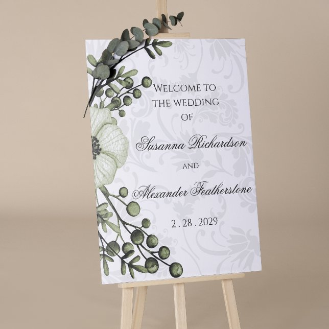 Green Berry Wreath Boho Damask Wedding Welcome Poster (Creator Uploaded)