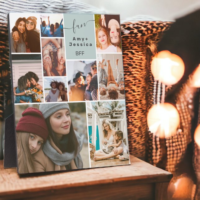 Green Best friend bff script 10 photo collage grid Plaque (Green Best friend bff script 10 photo collage grid Plaque)