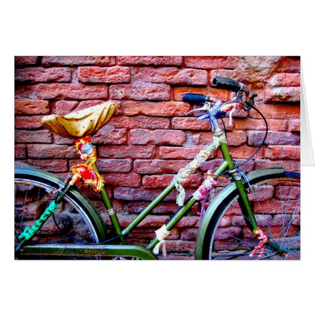 Green Bicycle Leaning Against a Brick Wall (Front Horizontal)