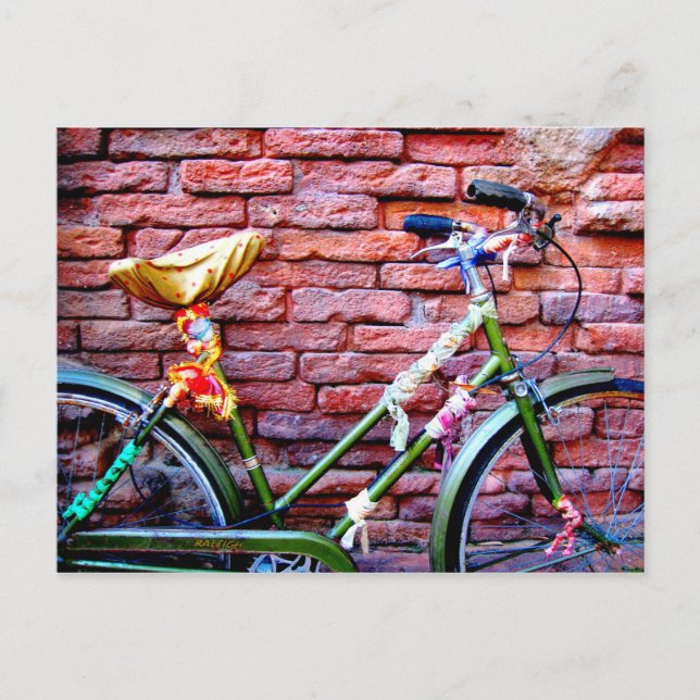 Green Bicycle Leaning Against a Brick Wall Postcard (Front)