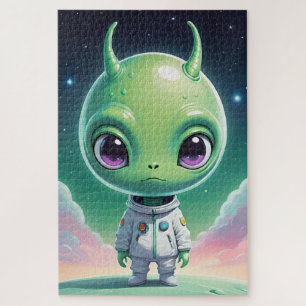 Green big head alien with horns jigsaw puzzle