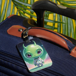 Green big head alien with horns luggage tag