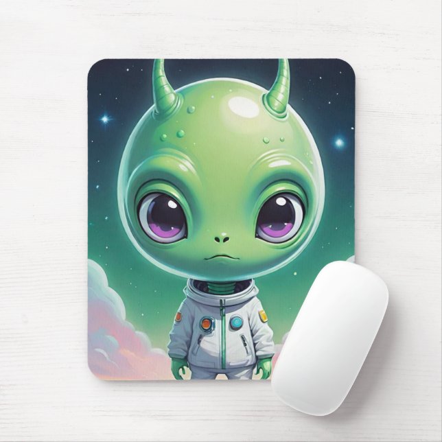 Green big head alien with horns mouse pad (With Mouse)
