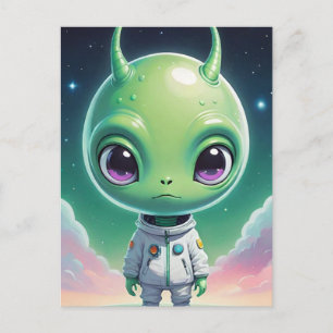 Green big head alien with horns postcard