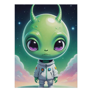 Green big head alien with horns poster