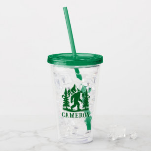 Green Bigfoot Hiker with Trees and Mountains Name  Acrylic Tumbler
