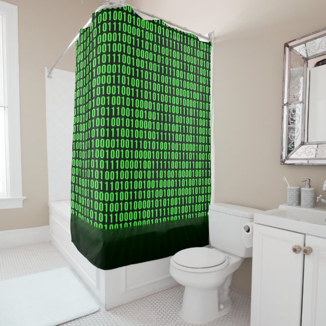 Green Binary Code Digital Computer Shower Curtain (In Situ)