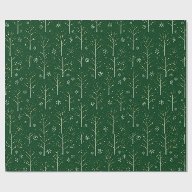 Green Birch Tree  – Winter Snowflake & Warm Light  Wrapping Paper (Flat)