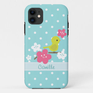 Green Bird and Cherry Flowers iPhone 11 Case