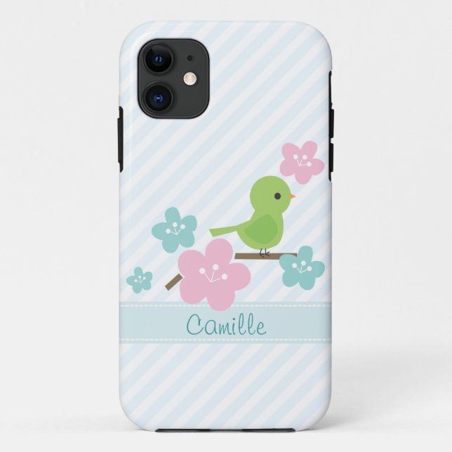 Green Bird and Cherry Flowers Case-Mate iPhone Case (Back)