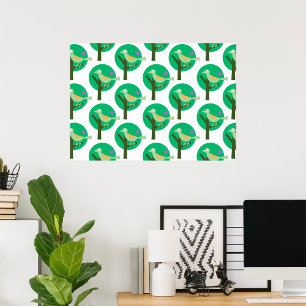 Green Bird and Tree Pattern Nature Inspired Poster
