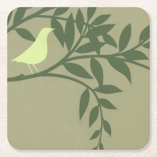 Green Bird Perched on Green Branch Square Paper Coaster (Front)