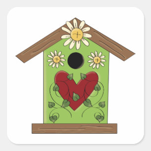 Green Birdhouse with Heart and Daisies  Square Sticker